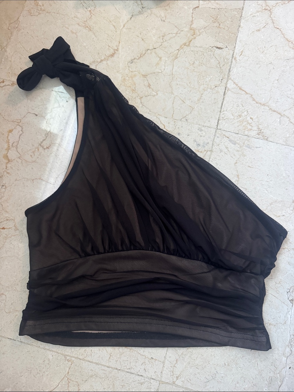 Cider Black One-Shoulder Mesh Crop Top
